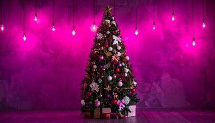A decorated festive tree with lights against a vibrant pink backdrop