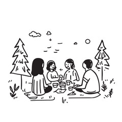 creative flat line concept vector design of sharing outdoor experiences with new friends