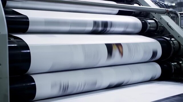 Industrial printing press with paper rolls in motion