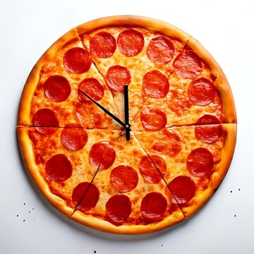 A delicious pizza sliced like a clock, with hands pointing at 12 o'clock
