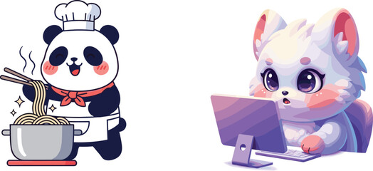Cute panda chef cooking noodles and adorable white puppy working on computer, kawaii animal cartoon illustration for kids and design, vector © MDALRAFIN