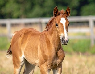 Obraz premium Adorable young equine with a white stripe, standing outdoors