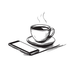 vector pencil outline illustration of tablet next to coffee cup