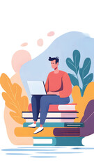 A young man sits on a stack of books, engrossed in his laptop, surrounded by abstract shapes and foliage.