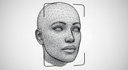 A wireframe model of a human face within a targeting frame, on a gradient background