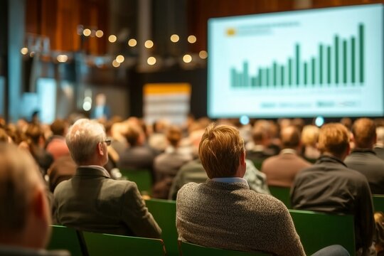 Audience Engaged in Business Presentation with Data Visualization on Large Screen
