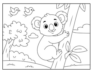 Cute Koala Coloring Page for Kids – Tree and Forest Scene