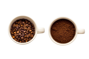 PNG image of Two white cups showcasing coffee beans and ground coffee on a black background in a top down view