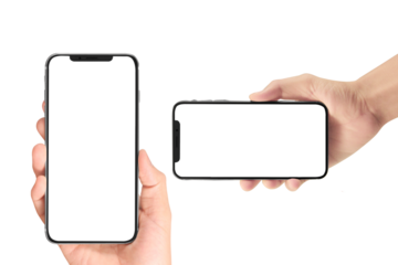 PNG image of Two smartphones with blank screens held by hands in portrait and landscape orientations on black backdrop
