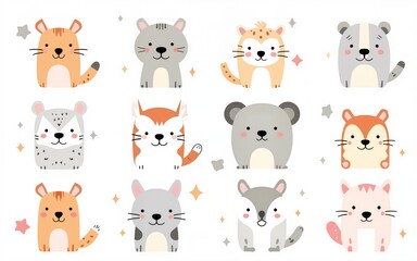 Cute kids scandinavian characters set including trendy quotes and cool animal decorative hand drawn elements. Cartoon doodle  illustration for baby shower, nursery room decor, children design. Vector.