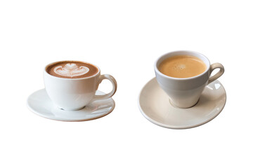 PNG image of Two cups of coffee on white saucers against a black background in a simple and elegant presentation