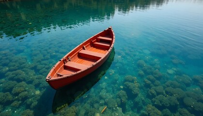 Obraz premium Solitary red boat on clear reflective lake with lush underwater vegetation