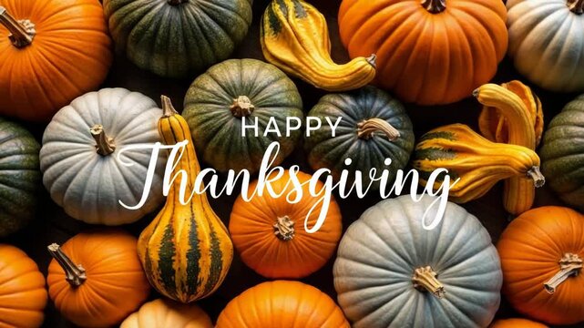 Happy thanksgiving greeting with assorted pumpkins and gourds