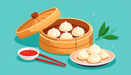 Illustration of steamed dumplings, dipping sauce, and bamboo steamer