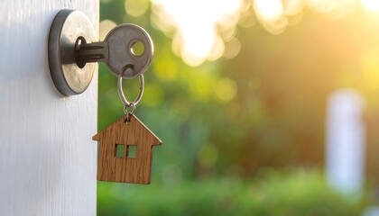 Key in a door, adorned with a wooden house charm, outdoorsy