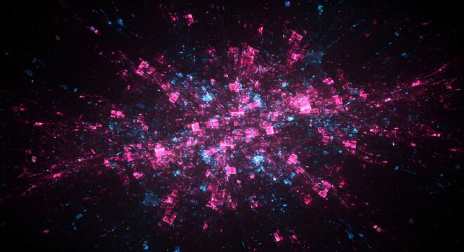 Abstract, pixelated explosion with pink and blue bursts emanating from a central point