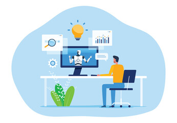 flat vector design concept business people working collaboration with AI. with a man sitting at a desk interacting with a robot display on a computer monitor. for data analysis  research and digital 