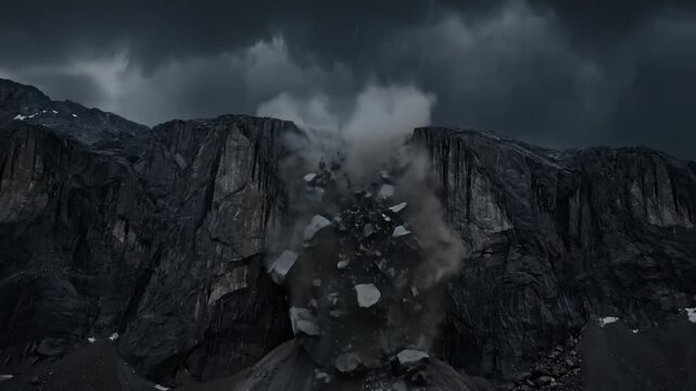 Rockfall on Mountain Cliff Under Dark Sky