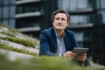 Thoughtful businessman with tablet, seated in greenery against a modern office building backdrop
