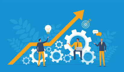 business team meeting for business finance investment growth. business teamwork working process. Cartoon Character action with Gear
