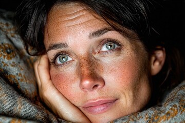 Realistic photo of a woman lying awake at night with insomnia illuminated by soft blue light from a digital clock creating a calm emotional mood.