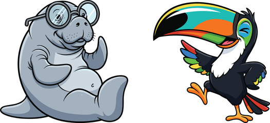 Funny cartoon manatee wearing glasses, happy toucan dancing with colorful wings, tropical bird and sea animal mascot vector illustration design