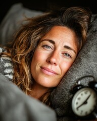 Realistic photo of a woman lying awake at night with insomnia illuminated by soft blue light from a digital clock creating a calm emotional mood.