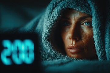 Realistic photo of a woman lying awake at night with insomnia illuminated by soft blue light from a digital clock creating a calm emotional mood.