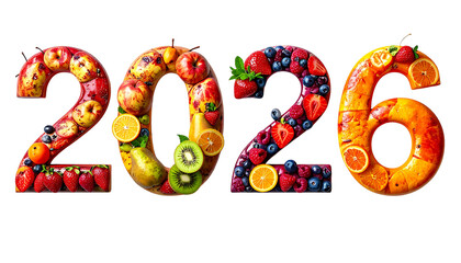0 - Dual fruit-themed 2026 year compositions with vibrant tropical produce isolated on transparent background