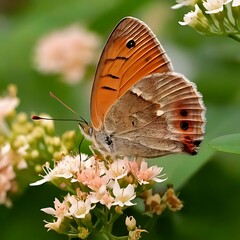 A detailed side view of a butterfly resting on small pink flowers