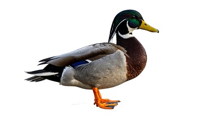 A detailed side-view shot of a male duck with colorful plumage