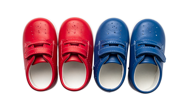0 - Dual infant footwear collection with red and blue Velcro sneakers isolated on transparent background