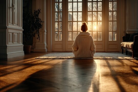 Realistic photo of a woman meditating near a window at home in soft morning light symbolizing emotional and hormonal balance and inner calm.