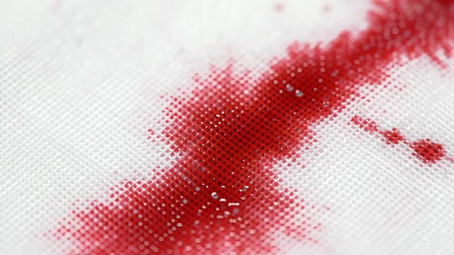 Vibrant red liquid drips onto textured white fabric, creating abstract patterns and a sense of dynamic flow in this close-up video frame.