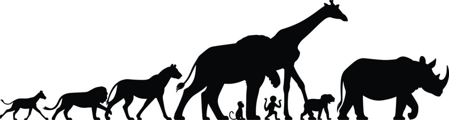 Animal and human silhouettes, size comparison, black and white lineup, species diversity, evolution theme, wildlife illustration, nature contrast, pet and wild, educational concept, art