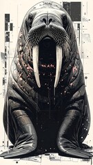 A detailed, stylized portrait of a large walrus with impressive tusks