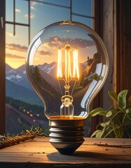 A detailed view of a bright lightbulb with a mountain scene