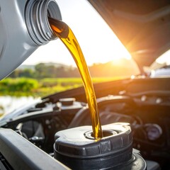 Pouring automotive fluid into vehicle engine, with sunny countryside background