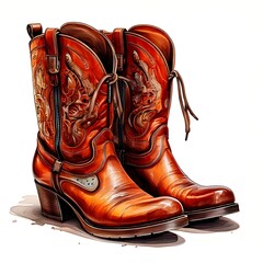 A detailed, watercolor-style illustration of two tall, richly-hued leather cowboy boots
