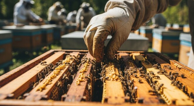 Beekeeper inspecting honeycombs