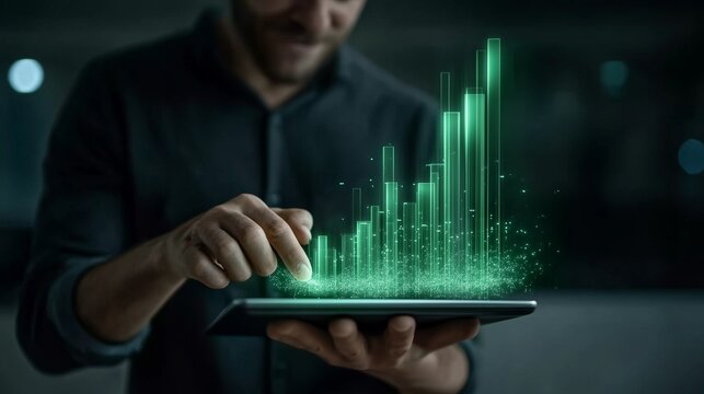 Futuristic Digital Analytics on Tablet: Illuminated 3D Green Bar Graph with Interactive Touch