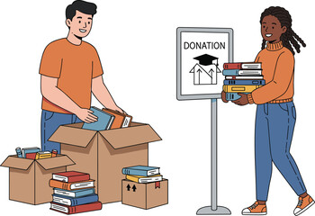 Book donation, community support, educational charity, volunteer event, literacy drive, student help, cardboard box, donation station, giving back, teamwork, reading initiative, social impact