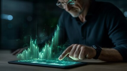 Interactive Data Visualization: A Man Engaging with Augmented Reality on a Digital Tablet
