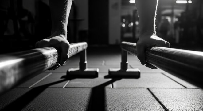 Close-up of hands gripping parallel bars
