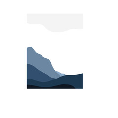 Abstract landscape of layered blue mountains under a soft grey sky with a white background and transparent design elements.