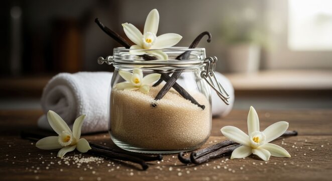 Glass jar filled with brown sugar and vanilla pods, with flowers, on a wooden table