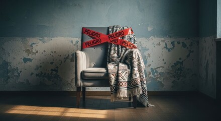 Gray armchair draped with a patterned blanket, enclosed by red caution tape