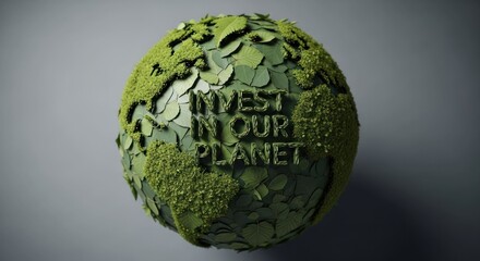 Green Earth globe, covered in leaves and moss, with text "Invest in our planet