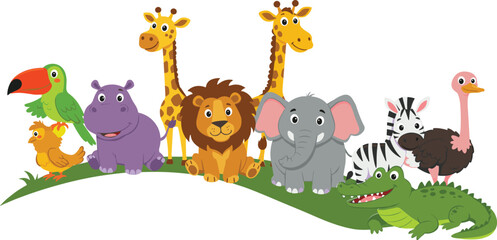 Naklejka premium Cartoon animals on grassy hill, jungle wildlife illustration, colorful zoo characters, giraffe, lion, elephant, zebra, crocodile, toucan, parrot, ostrich, kids content