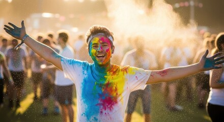 Obraz premium Happy young man, covered in vibrant colors, at a festival